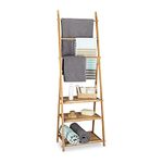 Relaxdays Bamboo Towel Rack Folding Small Clothes Stand with 3 Shelves, 3 Rails and 4 Side Hooks, Brown, 152 x 53 x 31 cm