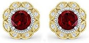 Inspereza Garnet and White Diamond Floral Halo Stud Earring in 18kt Yellow Gold (5.00 mm Gemstone)