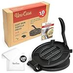 Uno Casa Cast Iron 10 Inch Tortilla Press - Roti and Tortilla Maker Press for Corn Tortillas - Bonus 100 Pcs Parchment Paper - Dynamic Roti Maker, Taco Press, or Dosa, Chapati Maker, Cast Iron Press