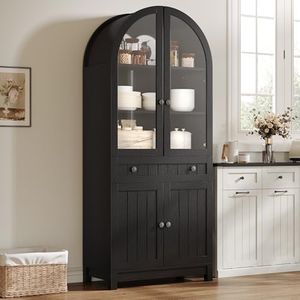 YITAHOME Arched Cabinet, 71" Tall Kitchen Pantry Storage Cabinet with Glass Door, Adjustable Shelves and Drawer, Farmhouse Wood Versatile Cupboard for Living Dining Room, Black