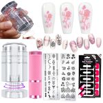 15in1 French Tip Nail Stamp, Nail Stamping Kit with 1pcs Nail Art Stamper, Nail Scraper, 2pcs Nail Stamping Plate, 1pcs Pink UV Nail Dryer Lamp,20PCS Nail Protector for Nail Painting (15PCS-0305SET_F, Clear)