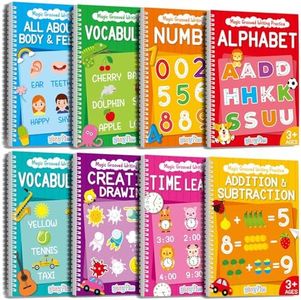 8 Pieces Magic Grooved Writing Practice Books Disappearing Ink Pens Reusable Groove Workbooks Tracing Handwriting Practice Without Tears for Kids Kindergarten Preschool Supplies,10.2 x 7.3inch