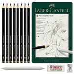 Faber-Castell Pitt Graphite Matte Pencil Set, Metal Tin of 8 Graphite Pencils and Sketching Accessories (HB, 2B, 4B, 6B, 8B, 10B, 12B, 14B), Pencil Sharpener, Eraser and Blending Stump