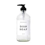 Sweet Water Decor Clear Glass Jar | Refill Dish Soap Dispenser | 16 oz Refillable Bottle with Pump | White Waterproof Label with Black Text| Rustic, Modern, Farmhouse Gift (Dish Soap)