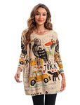 ellazhu Women's Casual Long Sleeve Loose Artsy Graphic Newspaper Pullover Sweaters DH07 Khaki