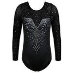 ZNYUNE Long Sleeve Gymnastics Leotard Printing Sparkle Dancing Athletic Leotard For Girls 203 SequinBlack 14A