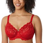 Delimira Women's Full Coverage Non-Foam Floral Lace Plus Size Underwired Bra Lipstick Red 42DD