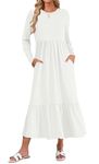 WNEEDU Womens Fall Dresses Long Sleeve Maxi Dress Crewneck Casual Flowy Tiered Swing Dress with Pockets, White L