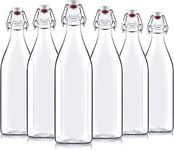 Bormioli Rocco Giara Swing ROUND Clear Glass Grolsch Flip Top Bottle with Stopper 33 Ounce/1 L (6 Pack)