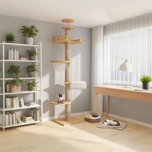 SHXMWINSY Sturdy Floor to Ceiling Cat Tree - Solid Wood Column Cat Tower Adjustable Height 6-9.5ft Tall Cat Tower for Large Cats Multi-Level Climbing Tree for Indoor Cats