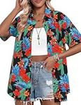 Hotouch Women's Fasion Floral Print Hawaii Shirt Casual Button Up Blouse V Neck Cool Short Sleeve Top Black Tropical XL