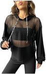 Verdusa Women's Sexy See Through Fishnet Long Sleeve Drawstring Hoodie Top Sweatshirt Black M