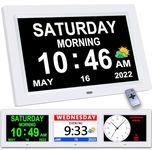 CAZOKASI 9inch Auto Dimmable Calendar Day Clock Digital Photo Frame HD Display 12 Alarms Extra Large Impaired Vision Digital Clock with Non-Abbreviated Day & Month Alarm Clock (White / 9inch)