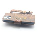 JJNUSA Handmade Genuine Distressed Leather Wallet Case for iPhone 12 Pro 12 Max 6.1 inches Flip Cover with Wristlet Brown