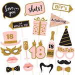 Zyozique Fully Assembled 18th Birthday Photo Booth Props - Set of 19 - Pink & Gold Selfie Signs - 18th Party Supplies & Decorations - Cute 18th Bday Designs