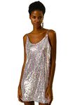 Allegra K Women's Glitter Sequin Dress V Neck Spaghetti Strap Mini Party Dress Clubwear, Silver (with Pinks), Large