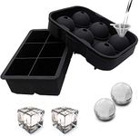 Gopendra Silicone Square Ice Cube Mold and Ice Ball Mold for Whiskey (Set of 2) - Large Whiskey Ice Cube Trays and Sphere Ice Ball Maker with Lid - BPA Free, Reusable & Flexible Design (Black)