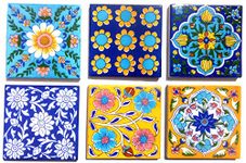 Shiv Kripa Blue Pottery Ceramic Handmade Tiles (4 X 4-inch, Multicolour) - Pack of 6