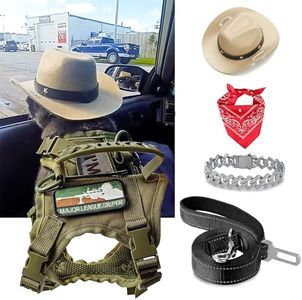 KUCDBUN Tactical Cat Harness and Leash for Walking Escape Proof, Adjustable Cat Vest Harness Easy Control with Pet Cowboy Costume for Cat, Puppy and Small Dog (Army Green and Black)