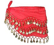 LuckyMoon Belly Dance Hip Skirt Scarf Wrap Belt with 128 Dangling Gold Coins, Chiffon Belly Dancing Skirts Outfit Accessory for Women