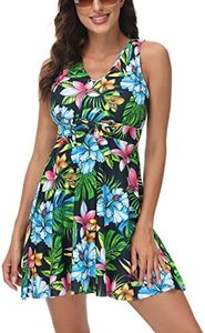 Kate Kasin Women's Two Piece Swimdress Tummy Control Back Cross Flowy Swimwear Bathing Suits with Boyshorts Swimsuits Green Floral