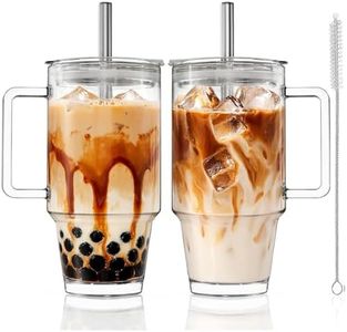 KEMORELA 24oz Clear Glass Tumbler with Handle, Lid & 13mm Stainless Steel Straws,2 set–Wide-Mouth Reusable Glass Cups for Cold & Hot Drinks, Ideal for Boba,Smoothies, Iced Coffee & Juice, Travel Cup
