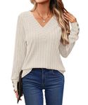 YSYOKOW Womens Long Sleeve Blouses Dressy Casual Tops Trendy V Neck Shirts Fashion Decorative Buttons Knit Tunic(Beige, XX-Large)