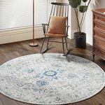 TOPICK Round Rug 120cm Machine Washable Area Rug Indoor Vintage Rug Floor Cover Print Distressed Light Blue Multi Carpet Thin Circle Non Slip Rug Kitchen Living Room Bedroom Dining Room Hall