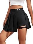 GORGLITTER Women's Buckle Asymmetrical Hem Pleated A Line Mini Skirt High Waist Summer Sexy Skater Skirts Black Petite M