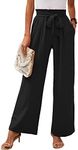 Heymoments Women's Wide Leg Lounge Pants with Pockets Lightweight High Waisted Adjustable Tie Knot Loose Trousers, A01-black, Large