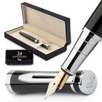 Wordsworth & Black Fountain Pen Set, Fine Nib, Includes 24 Pack Ink Cartridges, Ink Refill Converter & Gift Box, Chrome Finish, Calligraphy, [Black Chrome], Perfect for Men & Women