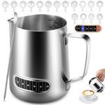 Anpro Milk Frothing Pitcher, 600 ml/20 oz 304 Stainless Steel Milk Pitcher with Thermometer,Latte Decorating Art Pen and 16 Pcs Coffee Stencils,Metal Barista Accessories for Coffee,Latte & Cappuccino