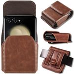 NINKI Compatible for Samsung Z Flip 6 Holster Z Flip 5,Moto Razr Plus 2024/2023 Case Belt Razr 50 Ultra Holster Razr 2023/2024 Case,Leather Moto Razr+ Holster for Galaxy Z Flip 6 Case Holster,Brown