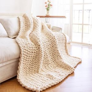 Larexius Chunky Knit Blanket - Luxury Soft Cozy Extra Large Size (80 * 90) Throw Blanket,100% Woven Blanket Rope Knot Throw Blanket for Couch, Sofa, Home Decor, Gift - Machine Washable(Cream)