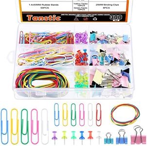 Tanstic 300Pcs Colored Office Clips Set, Assorted Sizes Paper Clips Binder Clips, Paper Clamps Paperclips Push Pins Rubber Bands Tacks for Office School Home Supplies Document Organizing