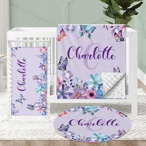 KAINSY Personalized Baby Crib Bedding Set, 3 Pcs Custom Name Baby Crib Sets for Kids Toddlers Infants, Double Layer Nursery Bedding Set for Girls, Purple Butterfly Baby Bedding Set Customized Gifts