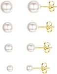 ORAZIO 4 Pairs 925 Sterling Silver Pearl Earrings Round Ball Pearls Stud Earrings Hypoallergenic 4-7mm Mixed Sizes Freshwater Cultured Pearl Earrings Set For Girls Women