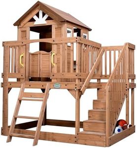 Backyard Discovery Scenic Heights All Cedar Wooden Playhouse, Upper Deck Cottage Style, Saloon Style Doors, Ladder, Stairs, Play Sink, Storage Toy Box, Cushioned Cot, Built-in Growth Chart