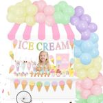 Ice Cream Party Stand Decor Kit include 75Pcs Balloons, Sundae Playstand Play Shop ICE CREAM Banner Waterproof Canopy Table Sign Cups Tag Stickers, DIY Ice Cream Themed Party Shop Cart, Kids Role Play