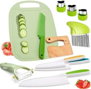 11 Pieces Wooden Kids Kitchen Knife, Kids Knife Set Include Wood Kids Safe Knife, Serrated Edges Plastic Toddler Knife, Crinkle Cutter, Sandwich Cutter, Y Peeler, Cutting Board (Crocodile)