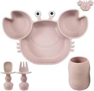 PandaEar Silicone Baby Feeding Set| Silicone Divided Suction Crab Plate and Tiny Cup with Spoons & Forks| Baby Led Weaning Supplies Self Feeding Eating Utensils -Pink