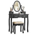 CHARMAID Vanity Table Set with Rotatable Oval Mirror, Bedroom Makeup Table with 5 Drawers for Women Girls, Dressing Table with Cushioned Stool (Black)