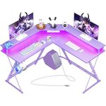 SEVEN WARRIOR Gaming Desk 50.4” with LED Light & Power Outlets, L-Shaped Gaming Desk Carbon Fiber Surface with Monitor Stand, Ergonomic Gamer Table with Headphone Hook, Purple