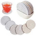 Valdivia Boho Drink Coasters with Storage Basket, Handmade Woven Cotton Absorbent Coaster Set of 6, Minimalist Home Decor for Coffee Table, Kitchen, Housewarming Gifts and New Home Apartment Gifts