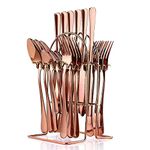 Seedware 24 Pcs Set with Stand Stainless Steel Flatware Set,Mirror Polished Cutlery Utensil Set,Durable Home Kitchen Eating Tableware Set,Include Fork Knife Spoon (Rose Gold)