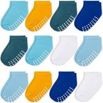 JAKIDAR 12-Pair Baby Socks Non-Slip Cotton Toddler Socks Ankle Socks for Baby Toddler Kids, White Turmeric Gemstone Bluet 12-24M