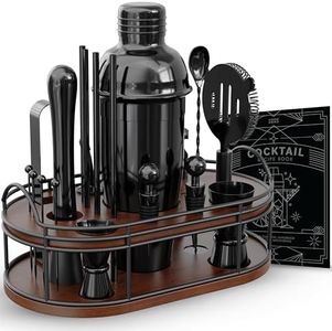 Home Hero Elegant 22-Piece Bartender Kit with Wooden Stand, Premium Bar Set & Cocktail Shaker, Gift for Home Bar and Cocktail Enthusiasts, Essential Bar Accessories with Recipe Book (22 Pcs - Black)