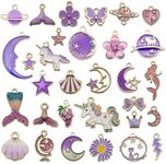 Street27® 1 Set 31pcs DIY Mixed Assorted Gold Plated Enamel Charm Unicorn Flower Dress Fish Shell Moon Star Animals Pendant DIY for Necklace Bracelet Jewelry Making and Crafting Charms (Purple)