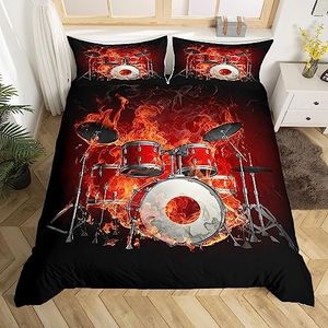 Juego de ropa de cama con diseño de batería roja, juego de edredón con temática musical Super King, juego de batería de banda, juego de cama de fuego e instrumentos, funda de edredón decorativa de