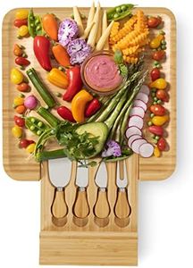 Sky Solutions Charcuterie Board - 13 x 13 Inch Wooden Bamboo Cheese Board, Serving, Kitchen, Home - Wood Charcuterie Boards Set w/ 4 Knives and Drawer - Wedding & Housewarming Gift